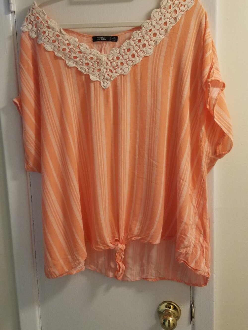 Cure Crochet Trim Peach Stripe Blouse with Front Tie 3XL